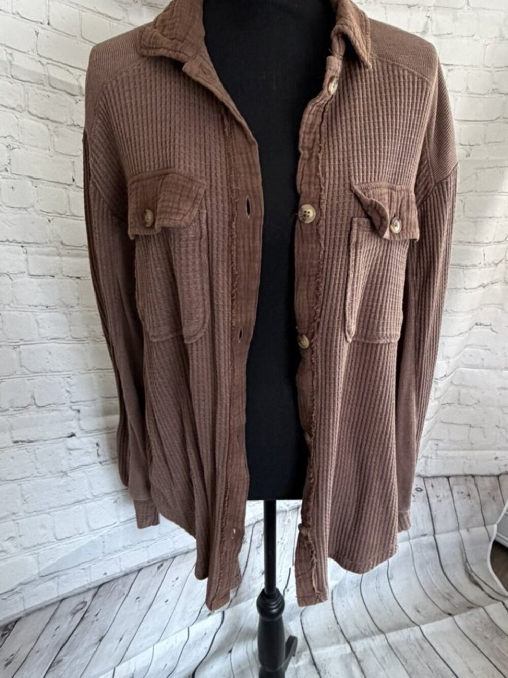 Mauve Brown Waffle Knit Shacket | Button Front | Chest Pockets